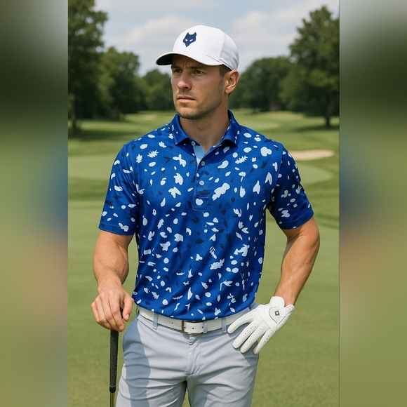 Greyson Performance Wear Blue Patterned Polo Shirt Sz.M #1997